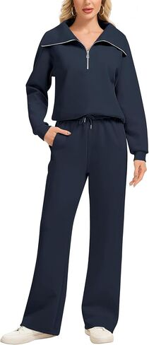 Motarto Women's 2 Pcs Outfits Sweatsuit Set Oversized Lapel Half Zip Sweatshirt Wide Leg Sweatpants Lounge Matching Tracksuit in Saudi Arabia