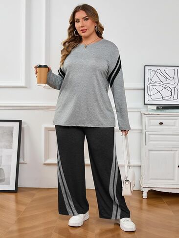 Chulianyouhuo Womens Plus Size 2 Piece Outfits Tracksuit 2025 Fall Lounge Set Wide Leg Pants Long Sleeve Tops Sweatsuit in Saudi Arabia