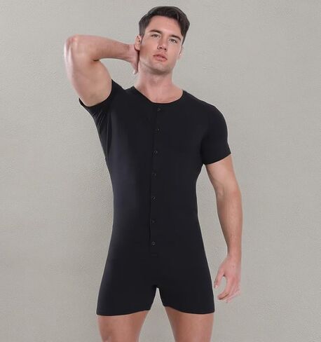 Mens Short Sleeve Onesie Bodysuit Henley Jumpsuit One Piece Pajamas Rompers in Saudi Arabia