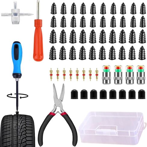 Tire Plug Kit 64 Pcs Tire Repair Rubber Nails Kit with 2 Sizes,Tire Caps with Pressure Gauge,Flat Tire Repair Kit for Car,Motorcycle,Truck,ATV,Tire Puncture Repair in Saudi Arabia