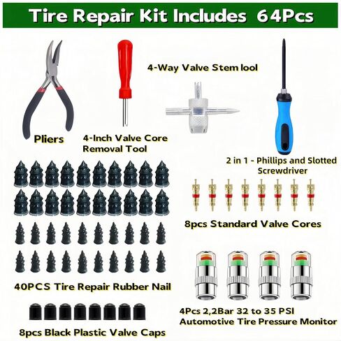 Tire Plug Kit 64 Pcs Tire Repair Rubber Nails Kit with 2 Sizes,Tire Caps with Pressure Gauge,Flat Tire Repair Kit for Car,Motorcycle,Truck,ATV,Tire Puncture Repair in Saudi Arabia