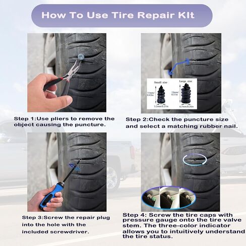 Tire Plug Kit 64 Pcs Tire Repair Rubber Nails Kit with 2 Sizes,Tire Caps with Pressure Gauge,Flat Tire Repair Kit for Car,Motorcycle,Truck,ATV,Tire Puncture Repair in Saudi Arabia