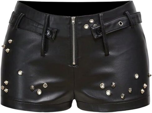 Women's Y2k Rivet PU Leather Mini Shorts Grunge Punk Half Zip Skinny Going Out Shorts Festival Rave Outfit in Saudi Arabia