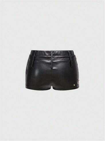 Women's Y2k Rivet PU Leather Mini Shorts Grunge Punk Half Zip Skinny Going Out Shorts Festival Rave Outfit in Saudi Arabia