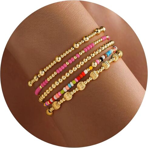 Turandoss Gold Beaded Bracelets Set for Women - 14K-Gold-Plated Dainty Turquoise Cross Round Bead Ball Simulated Pearl Bracelet for Women Heishi Clay Bracelet Simplicity Stack Bracelets Jewelry Gifts in Saudi Arabia