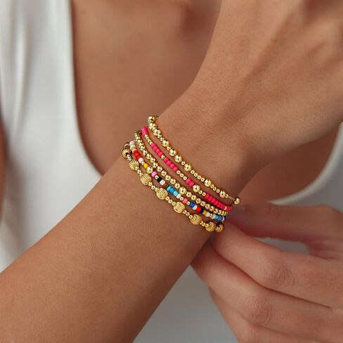 Turandoss Gold Beaded Bracelets Set for Women - 14K-Gold-Plated Dainty Turquoise Cross Round Bead Ball Simulated Pearl Bracelet for Women Heishi Clay Bracelet Simplicity Stack Bracelets Jewelry Gifts in Saudi Arabia