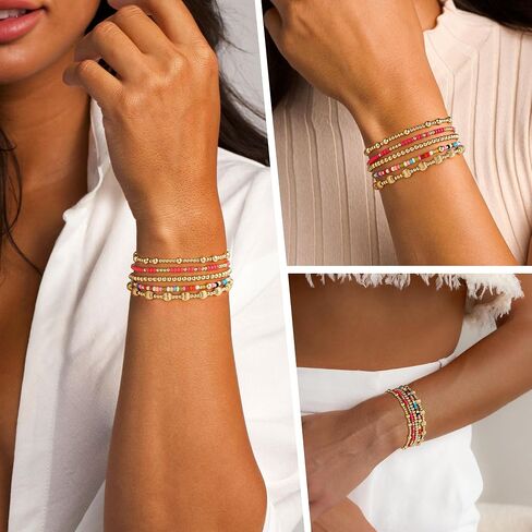 Turandoss Gold Beaded Bracelets Set for Women - 14K-Gold-Plated Dainty Turquoise Cross Round Bead Ball Simulated Pearl Bracelet for Women Heishi Clay Bracelet Simplicity Stack Bracelets Jewelry Gifts in Saudi Arabia
