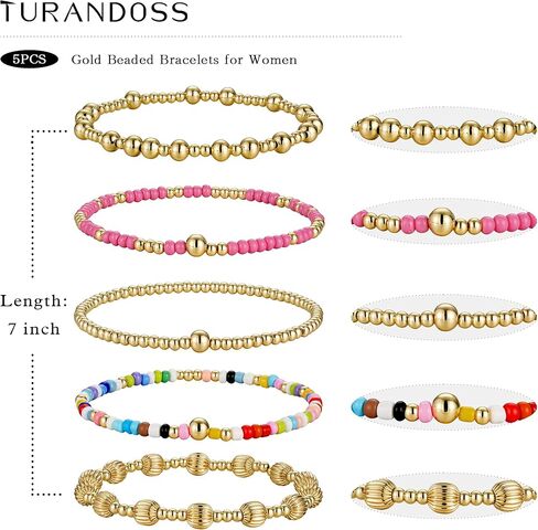 Turandoss Gold Beaded Bracelets Set for Women - 14K-Gold-Plated Dainty Turquoise Cross Round Bead Ball Simulated Pearl Bracelet for Women Heishi Clay Bracelet Simplicity Stack Bracelets Jewelry Gifts in Saudi Arabia