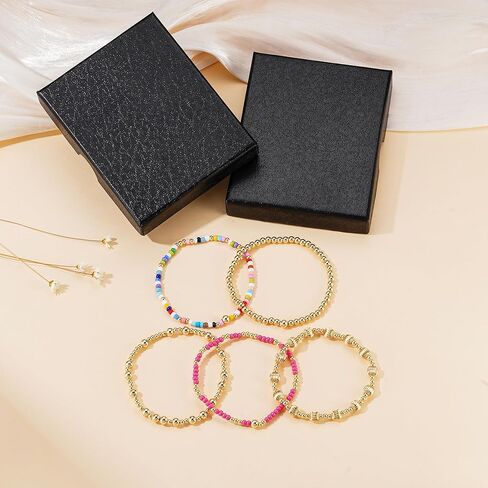 Turandoss Gold Beaded Bracelets Set for Women - 14K-Gold-Plated Dainty Turquoise Cross Round Bead Ball Simulated Pearl Bracelet for Women Heishi Clay Bracelet Simplicity Stack Bracelets Jewelry Gifts in Saudi Arabia
