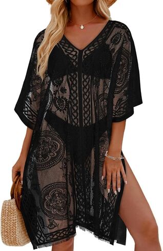 Womens Lace Bathing Suit Cover Up V Neck Beach Coverup Summer Swim Coverups Loose Bikini Beach Dress in Saudi Arabia