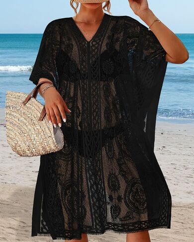 Womens Lace Bathing Suit Cover Up V Neck Beach Coverup Summer Swim Coverups Loose Bikini Beach Dress in Saudi Arabia