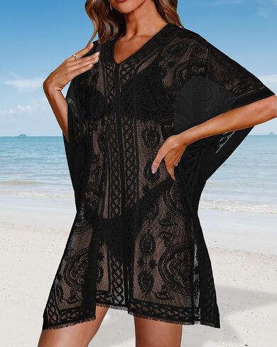 Womens Lace Bathing Suit Cover Up V Neck Beach Coverup Summer Swim Coverups Loose Bikini Beach Dress in Saudi Arabia