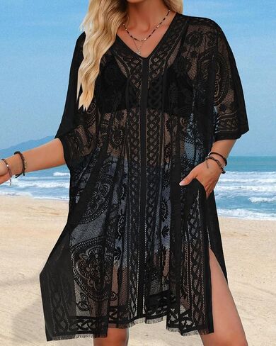 Womens Lace Bathing Suit Cover Up V Neck Beach Coverup Summer Swim Coverups Loose Bikini Beach Dress in Saudi Arabia