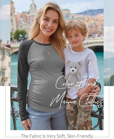 3 Pack Women's Maternity Shirts, Pregnancy Crew Neck Long Sleeve Tops Sides Ruched Color Block Mama Clothes in Saudi Arabia