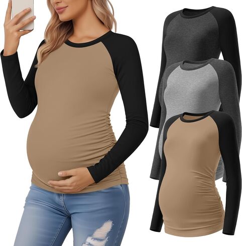 3 Pack Women's Maternity Shirts, Pregnancy Crew Neck Long Sleeve Tops Sides Ruched Color Block Mama Clothes in Saudi Arabia