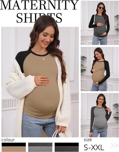 3 Pack Women's Maternity Shirts, Pregnancy Crew Neck Long Sleeve Tops Sides Ruched Color Block Mama Clothes in Saudi Arabia