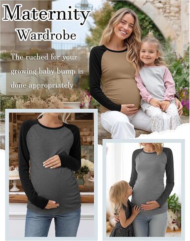 3 Pack Women's Maternity Shirts, Pregnancy Crew Neck Long Sleeve Tops Sides Ruched Color Block Mama Clothes in Saudi Arabia