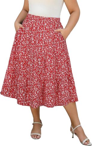Women's Plus Size Casual Summer Midi Skirt with Pockets 1X-4X Tiered Lightweight A-line Skirts in Saudi Arabia