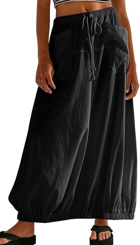 Summer Women's Baggy Parachute Skirt Casual Trendy Cotton Bubble Y2k Cargo Maxi Long Skirt with Pockets in Kuwait