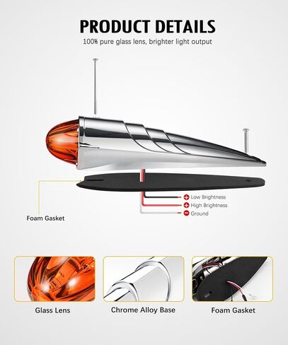 Partsam Glass Watermelon Cab Lights Clear Lens Amber LED Top Marker Hi/Low Beam Roof Running Lights Assembly with Chrome Alloy Base for Peterbilt Freightliner Mack Heavy Trucks (1PCS) in Saudi Arabia