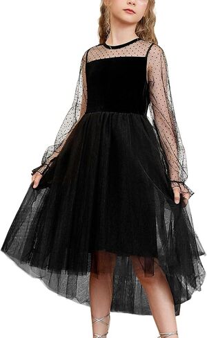 CHILDRENSTAR Girls Mesh Contrast Long Sleeve Velvet Dress Trendy High Low Party Dresses in Saudi Arabia