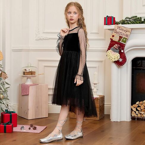 CHILDRENSTAR Girls Mesh Contrast Long Sleeve Velvet Dress Trendy High Low Party Dresses in Saudi Arabia