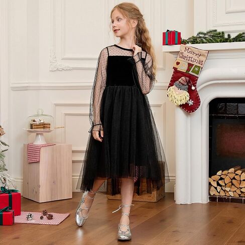 CHILDRENSTAR Girls Mesh Contrast Long Sleeve Velvet Dress Trendy High Low Party Dresses in Saudi Arabia