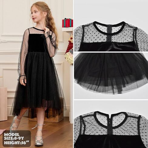 CHILDRENSTAR Girls Mesh Contrast Long Sleeve Velvet Dress Trendy High Low Party Dresses in Saudi Arabia