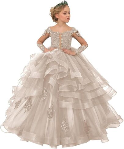 TAISHAN Flower Girl Dresses for Wedding Toddler Tulle Lace Applique Ball Gown Ruffles Long Sleeve Puffy Kids Pageant Dress in Kuwait