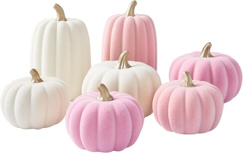 WDS WONDROUS Pumpkins Fall Decoration Set 7 PCS, Resin Pink and Beige Flocked Pumpkins for Decorating, Artificial Pumpkins Set Gender Reveal Party Fall Decor Thanksgiving Tabletop Centerpiece Mantel in Saudi Arabia