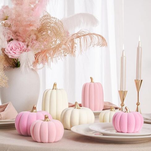WDS WONDROUS Pumpkins Fall Decoration Set 7 PCS, Resin Pink and Beige Flocked Pumpkins for Decorating, Artificial Pumpkins Set Gender Reveal Party Fall Decor Thanksgiving Tabletop Centerpiece Mantel in Saudi Arabia