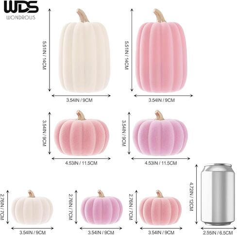 WDS WONDROUS Pumpkins Fall Decoration Set 7 PCS, Resin Pink and Beige Flocked Pumpkins for Decorating, Artificial Pumpkins Set Gender Reveal Party Fall Decor Thanksgiving Tabletop Centerpiece Mantel in Saudi Arabia