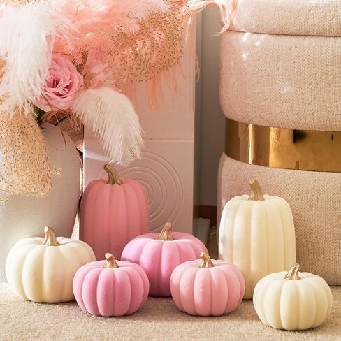 WDS WONDROUS Pumpkins Fall Decoration Set 7 PCS, Resin Pink and Beige Flocked Pumpkins for Decorating, Artificial Pumpkins Set Gender Reveal Party Fall Decor Thanksgiving Tabletop Centerpiece Mantel in Saudi Arabia