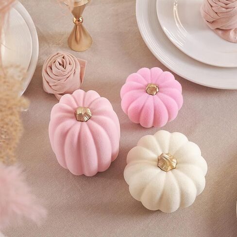 WDS WONDROUS Pumpkins Fall Decoration Set 7 PCS, Resin Pink and Beige Flocked Pumpkins for Decorating, Artificial Pumpkins Set Gender Reveal Party Fall Decor Thanksgiving Tabletop Centerpiece Mantel in Saudi Arabia