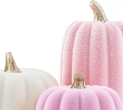 WDS WONDROUS Pumpkins Fall Decoration Set 7 PCS, Resin Pink and Beige Flocked Pumpkins for Decorating, Artificial Pumpkins Set Gender Reveal Party Fall Decor Thanksgiving Tabletop Centerpiece Mantel in Saudi Arabia