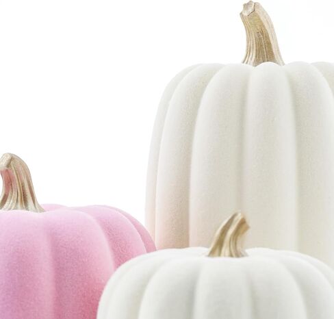 WDS WONDROUS Pumpkins Fall Decoration Set 7 PCS, Resin Pink and Beige Flocked Pumpkins for Decorating, Artificial Pumpkins Set Gender Reveal Party Fall Decor Thanksgiving Tabletop Centerpiece Mantel in Saudi Arabia