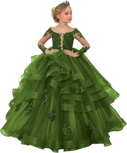 TAISHAN Flower Girl Dresses for Wedding Toddler Tulle Lace Applique Ball Gown Ruffles Long Sleeve Puffy Kids Pageant Dress in Kuwait