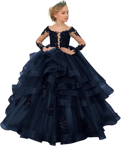 TAISHAN Flower Girl Dresses for Wedding Toddler Tulle Lace Applique Ball Gown Ruffles Long Sleeve Puffy Kids Pageant Dress in Kuwait