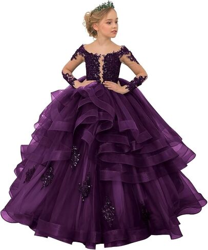 TAISHAN Flower Girl Dresses for Wedding Toddler Tulle Lace Applique Ball Gown Ruffles Long Sleeve Puffy Kids Pageant Dress in Kuwait