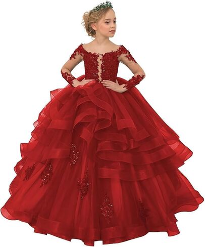 TAISHAN Flower Girl Dresses for Wedding Toddler Tulle Lace Applique Ball Gown Ruffles Long Sleeve Puffy Kids Pageant Dress in Kuwait
