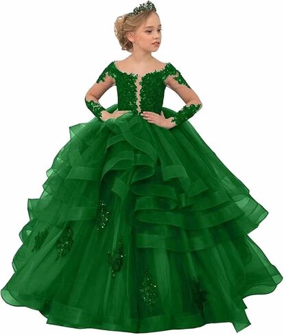 TAISHAN Flower Girl Dresses for Wedding Toddler Tulle Lace Applique Ball Gown Ruffles Long Sleeve Puffy Kids Pageant Dress in Kuwait