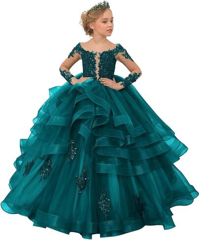 TAISHAN Flower Girl Dresses for Wedding Toddler Tulle Lace Applique Ball Gown Ruffles Long Sleeve Puffy Kids Pageant Dress in Kuwait