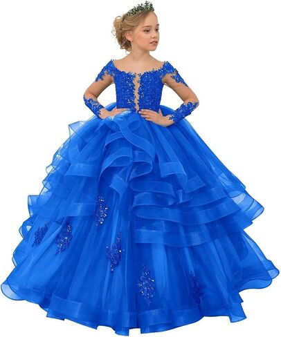TAISHAN Flower Girl Dresses for Wedding Toddler Tulle Lace Applique Ball Gown Ruffles Long Sleeve Puffy Kids Pageant Dress in Kuwait