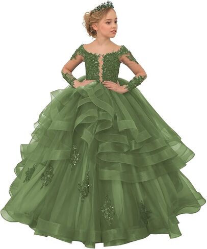 TAISHAN Flower Girl Dresses for Wedding Toddler Tulle Lace Applique Ball Gown Ruffles Long Sleeve Puffy Kids Pageant Dress in Kuwait