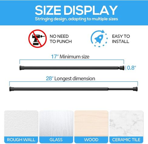 2pcs قضبان التوتر الأسود القابل للتعديل من 16.8 إلى 28 بوصة ، لا يوجد قضيب ستارة ربيع الحفر لمشاريع خزانة ثلاجة مزرعة خزانة. in Kuwait