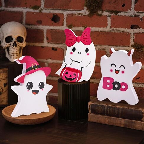 Pink Ghost Halloween Decorations Indoor, 3 Style Wooden Halloween Table Decor, Funny Wood Ghost Tiered Tray Decor Table Sign, for Party Home Office Shelf Display Girl Kids Gifts in Saudi Arabia