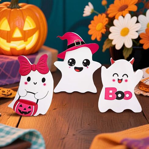 Pink Ghost Halloween Decorations Indoor, 3 Style Wooden Halloween Table Decor, Funny Wood Ghost Tiered Tray Decor Table Sign, for Party Home Office Shelf Display Girl Kids Gifts in Saudi Arabia