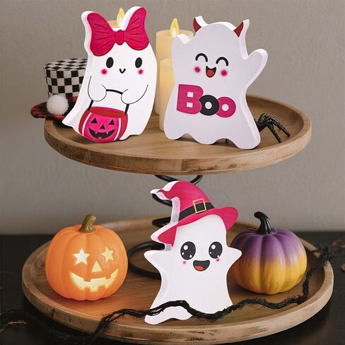 Pink Ghost Halloween Decorations Indoor, 3 Style Wooden Halloween Table Decor, Funny Wood Ghost Tiered Tray Decor Table Sign, for Party Home Office Shelf Display Girl Kids Gifts in Saudi Arabia
