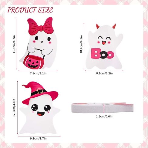 Pink Ghost Halloween Decorations Indoor, 3 Style Wooden Halloween Table Decor, Funny Wood Ghost Tiered Tray Decor Table Sign, for Party Home Office Shelf Display Girl Kids Gifts in Saudi Arabia