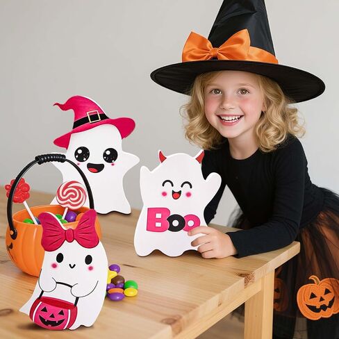 Pink Ghost Halloween Decorations Indoor, 3 Style Wooden Halloween Table Decor, Funny Wood Ghost Tiered Tray Decor Table Sign, for Party Home Office Shelf Display Girl Kids Gifts in Saudi Arabia